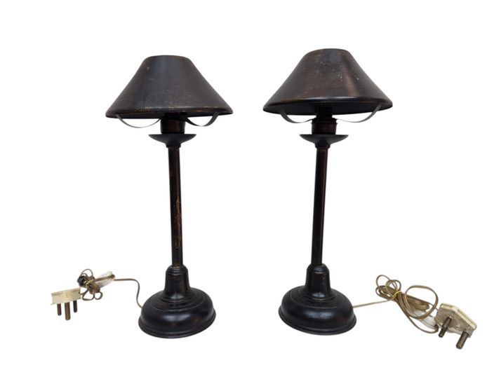 Pair of Vintage Patinated Metal Table Lamps with Conical Shades