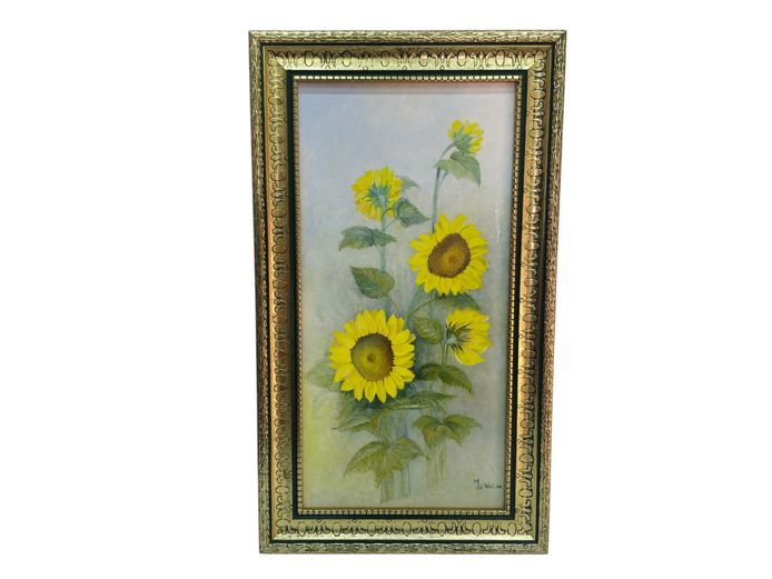 1986 M. De Wet Framed Vintage Sunflower Botanical Oil Painting 