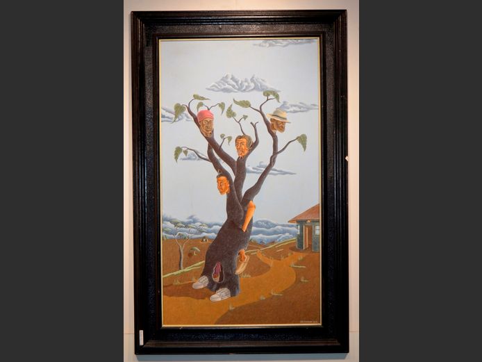 ZONDI SKOSANA OIL ON BOARD "STRONG ROOTS", 49 x 88.5cm