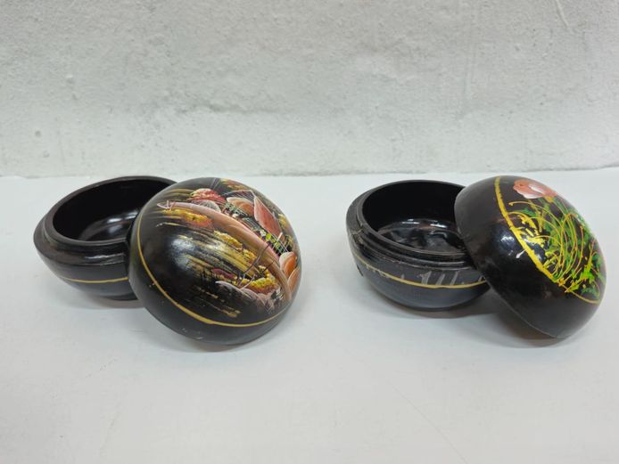 Pair of Vintage Hand-Painted Black Lacquer Lidded Wooden Trinket Boxes