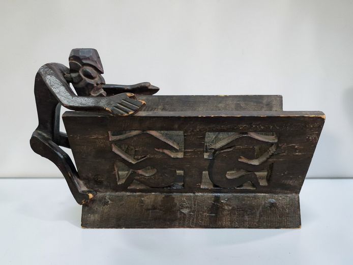 Hand-Carved Brutalist Figural Wooden Magazine Rack