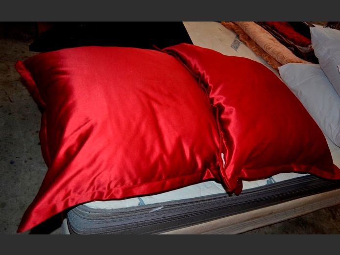 PAIR RED SATIN SCATTER CUSHIONS