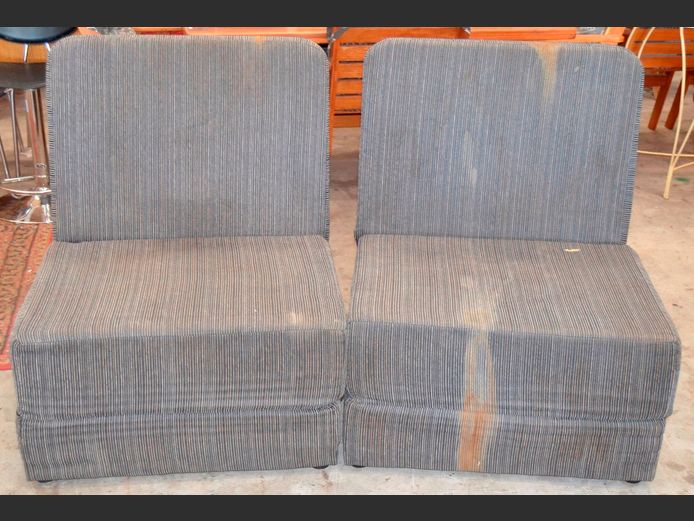 PAIR GREY UPHOLSTERED SINGLE SEATER SLEEPER CHAIRS [Need a good clean]