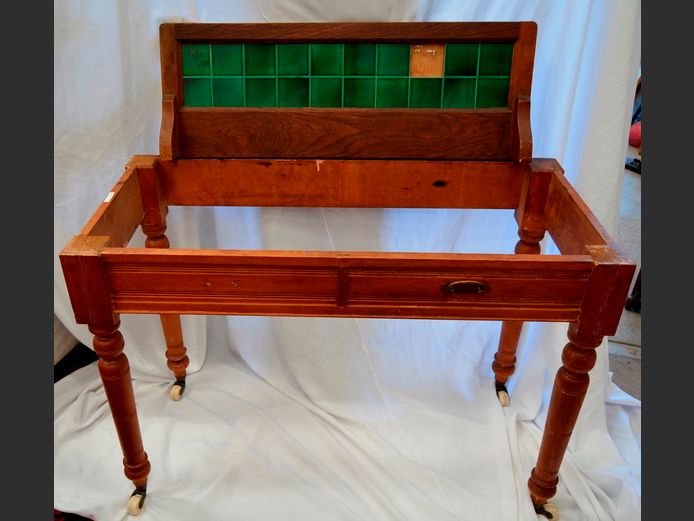 SATIN WOOD WASH STAND FRAME ON PORCELAIN CASTORS & TILED SPLASHBACK, 122 x 53 x 76cm [No top, 1 tile needed]