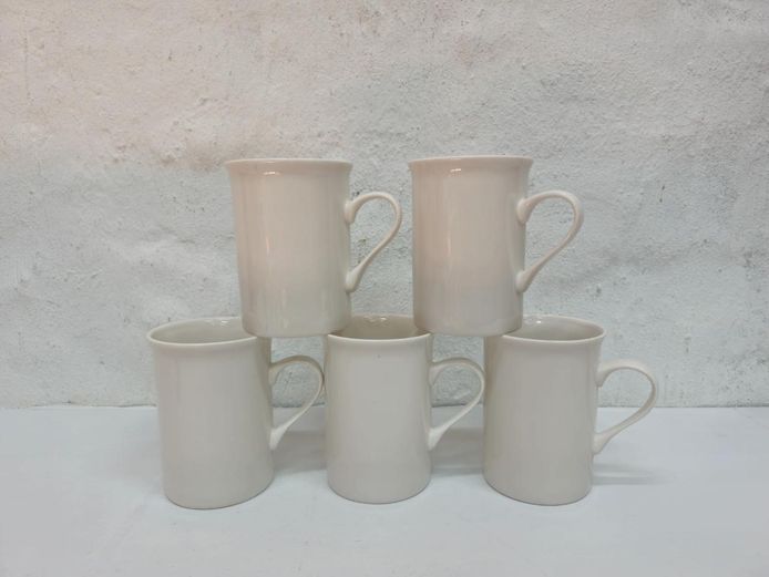 Set of 5 Classic White Ceramic Coffee Mugs