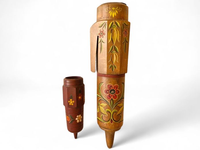 Vintage German Hand-Painted Wooden Flasks – Folk Art Keg-Style
