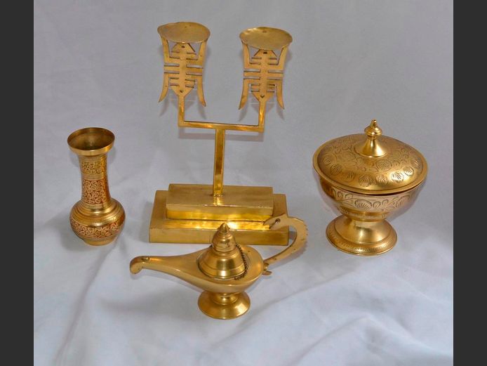 BRASS: CANDELABRA, LIDDED BOWL, BUD VASE & "ALADDIN'S" LAMP