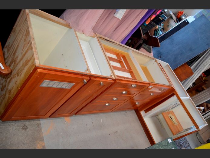 CHERRYWOOD L-SHAPED 2-DOOR, 6-DRAWER KITCHEN CABINET, 282 x 132 x 87cm [No top]