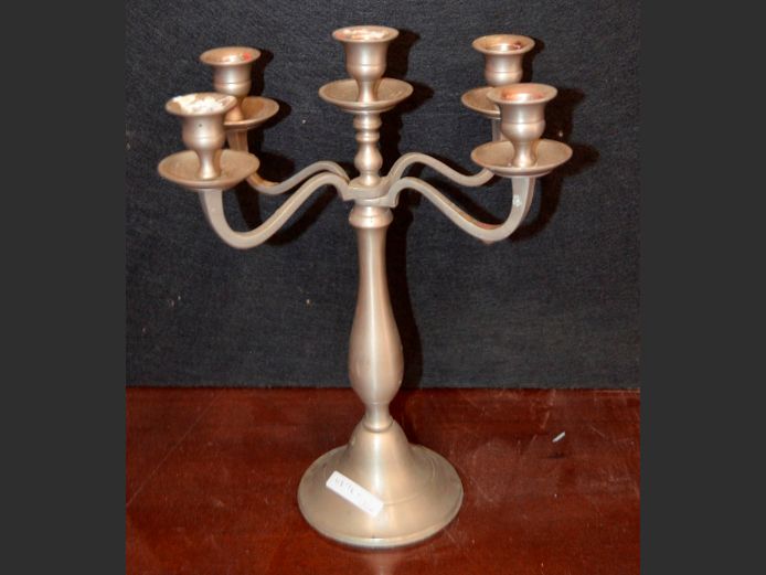 BRUSHED STEEL 5-ARM CANDELABRA, 32cm High