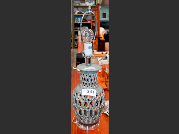 GREY CERAMIC TABLE LAMP, 63cm High [No shade]