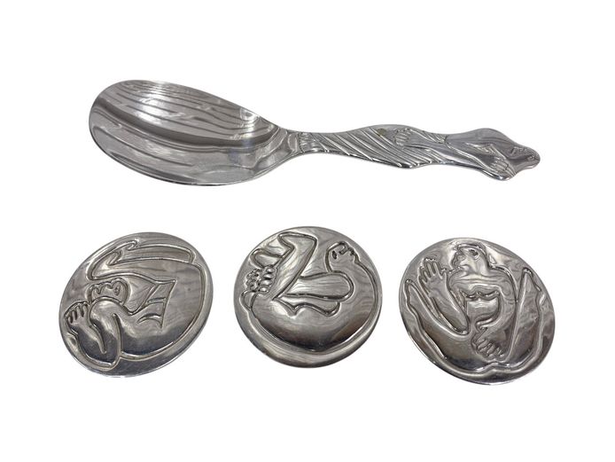Carrol Boyes Stainless Steel Set: 3 Figurative Coasters & Serving Spoon