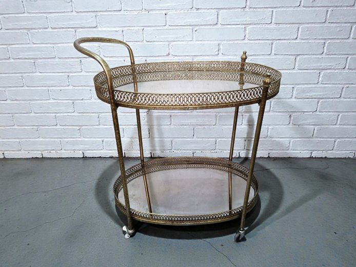 Vintage Oval Brass-Finish Drinks Trolley with Mirrored Tiers