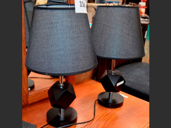 PAIR BLACK & CHROME BEDSIDE LAMPS WITH SHADES, 42cm High