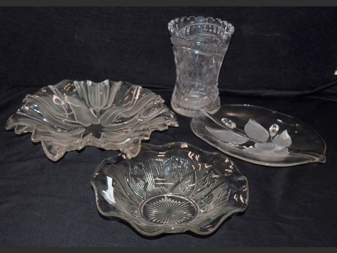 EMBOSSED GLASS BOWLS, CRYSTAL VASE [Chip to lip], etc
