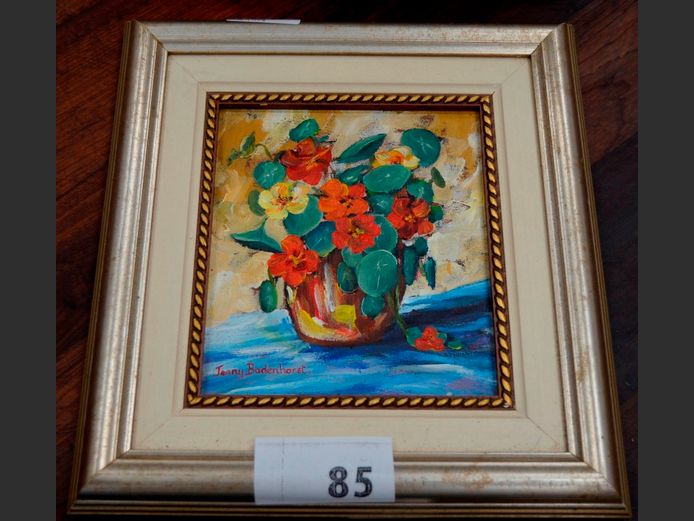 GILT FRAMED OIL ON BOARD "FLOWERS IN VASE" SIGNED JENNY BADENHORST, 18 x 16cm