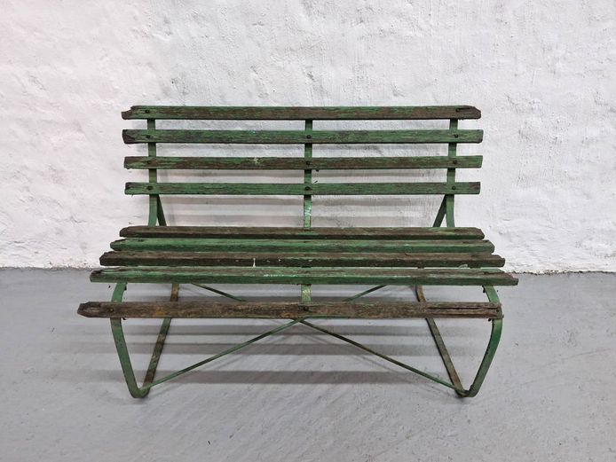 Vintage Slatted Wood & Metal Children's Garden Bench