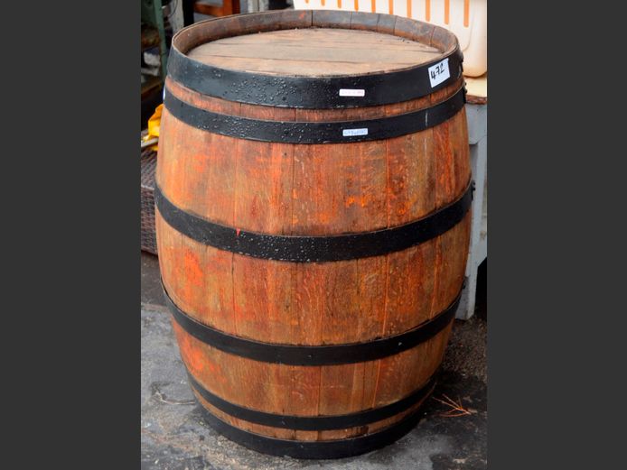 METAL BOUND OAK WINE BARREL, 65cm Diameter x 88cm High
