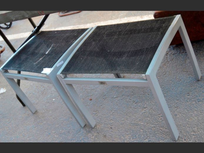 PAIR MBM GREY & BLACK ALUMINIUM PATIO FOOTSTOOLS, 50 x 40 x 40cm [Mesh needs replacing]