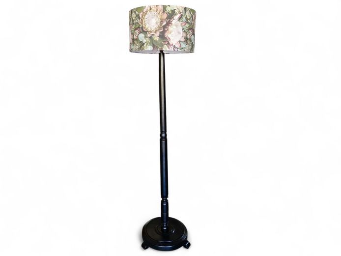Floor Standing Black Painted Wooden Floor Lamp with Floral Shade
