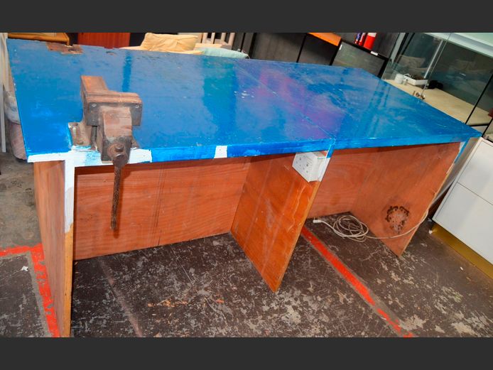 BLUE PLYWOOD WORK TABLE WITH VICE ATTACHED, 229 x 101 x 93cm