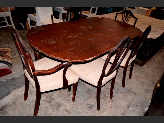 REGENCY STYLE MAHOGANY FINISH DINING TABLE, 164 x 71 x 77cm, & 6 CHAIRS [In need of repairs & restoration]