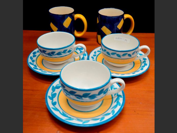 SET OF 3 BLUE & YELLOW CUPS & SAUCERS & PAIR MUGS