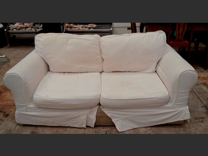 WHITE SLIP COVER 2-SEATER COUCH, 190 x 90cm [Needs a clean]