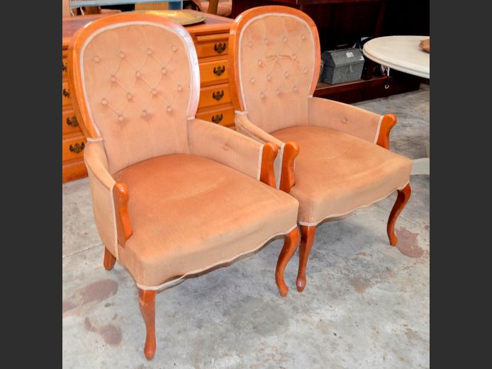 PAIR IMBUIA QUEEN ANNE BUTTON BACK ARMCHAIRS