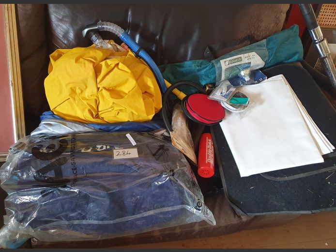 LOT: INFLATABLE BED, RAIN SUIT, etc