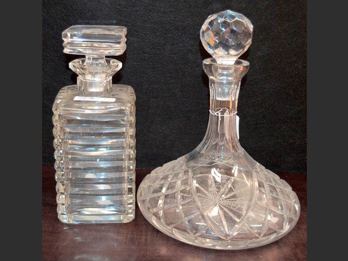 LOT: 2 x CUT GLASS DECANTERS WITH STOPPERS, 24cm High & 22cm High