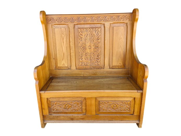 Ornate Carved Oak Settie with Under-Seat Storage