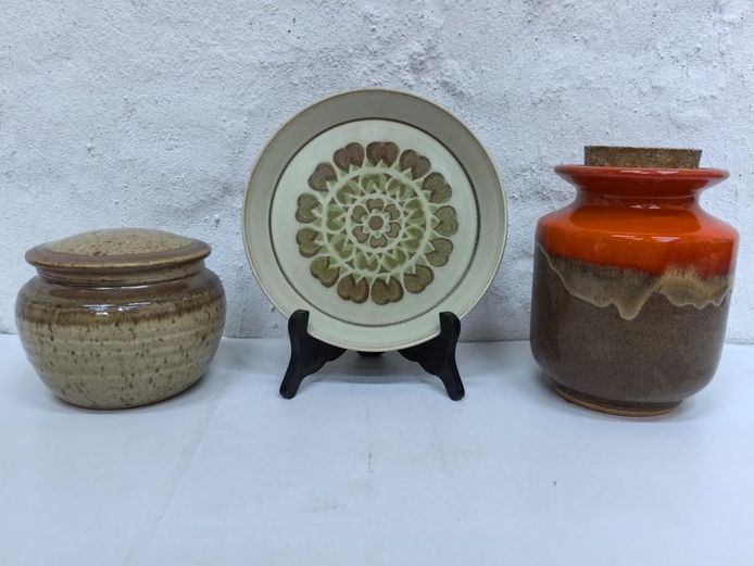Vintage Ceramic Trio Including Mikasa StoneKraft Plate & Lidded Jars