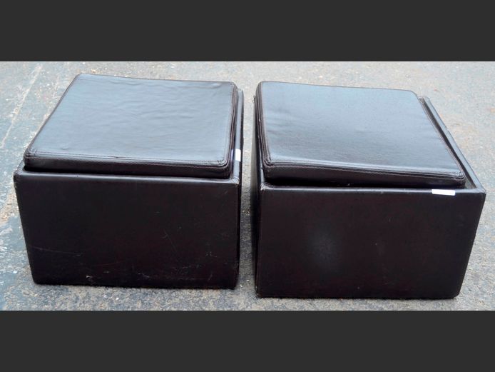 PAIR BROWN LEATHER STORAGE OTTOMANS, 46 x 46 x 32cm