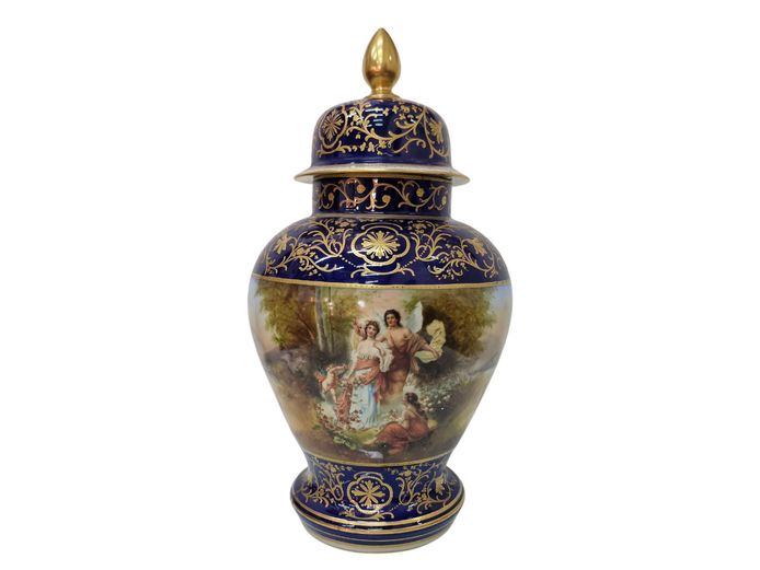 Large French-Style Royal Blue Gilt Baluster Vase with Lid