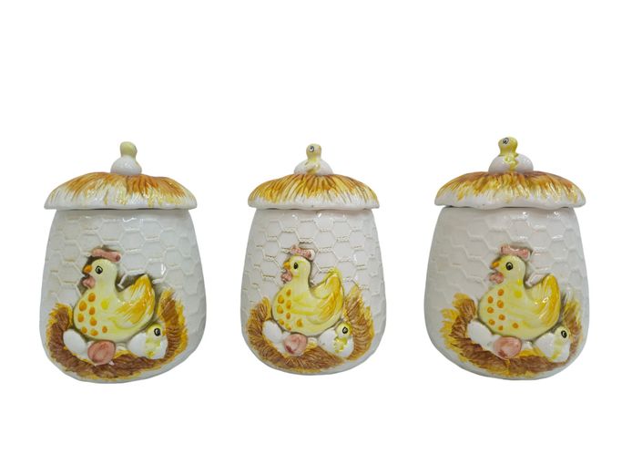 Set of 3 Ceramic Chicken and Nest Design Storage Jars