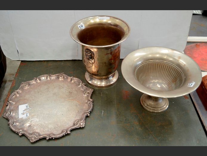 SILVER PLATE TRAY, 36cm Diameter, ICE BUCKET & VASE, 24cm Diameter x 24cm High, 28cm Diameter x 17cm High