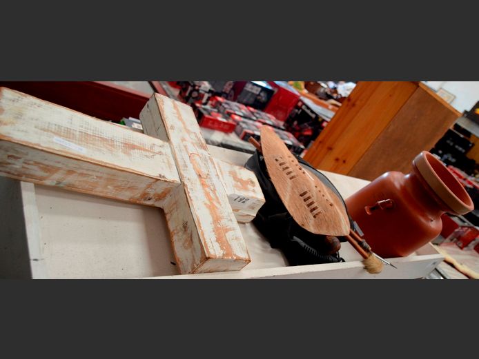 TERRACOTTA WATER DISPENSER [No lid], WOODEN CRUCIFIX, LEATHER MINI SHIELD WITH SPEAR & KNOBKIERIE