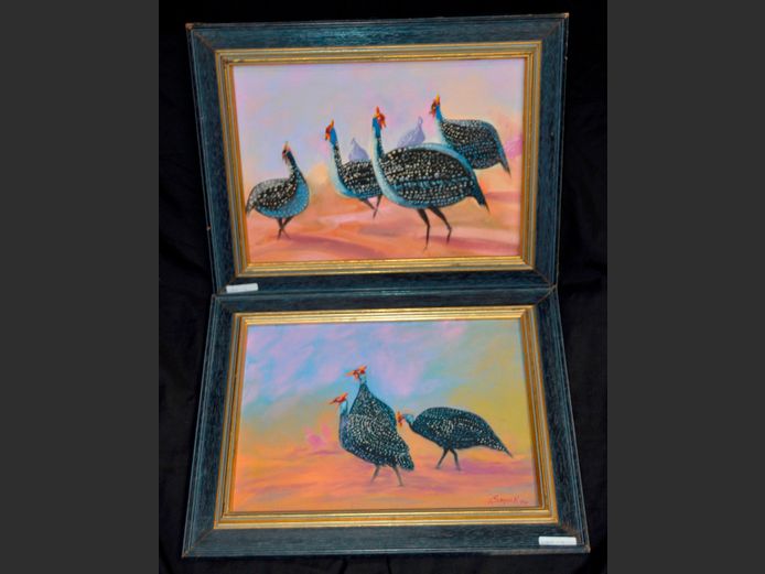 PAIR FRAMED OILS ON BOARD "GUINEA FOWL" SIGNED A. SMOOK, 39 x 29cm