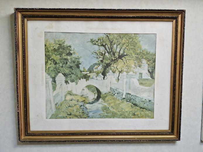 Bridge Landscape Painting, Framed 