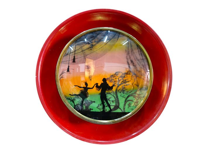 Vintage Reverse-Painted Glass Silhouette Wall Art with Convex Glass Frame