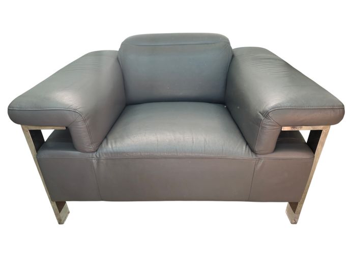 Architectural Leather Lounge Chair with Articulating Headrest & Chromed Steel Frame