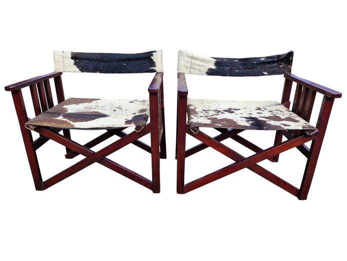 Pair of Vintage Nguni Hide Campaign-Style Safari Chairs