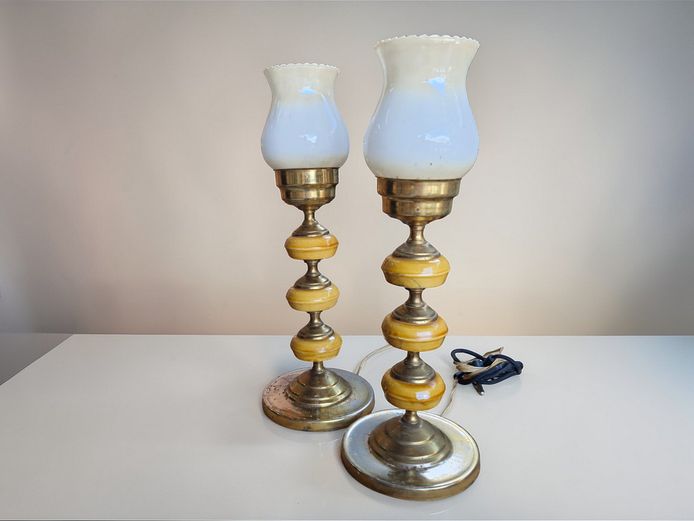 Mid-Century Ceramic & Opaline Glass Shade Table Lamps