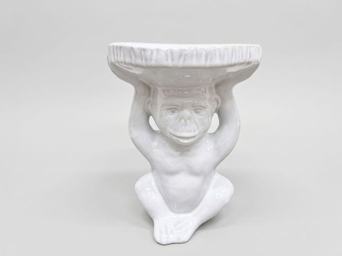 Contemporary White Glazed Ceramic Monkey Small Plant Stand