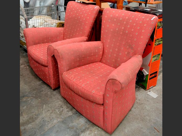 PAIR UPHOLSTERED WINGBACK ARMCHAIRS [Need re-covering]