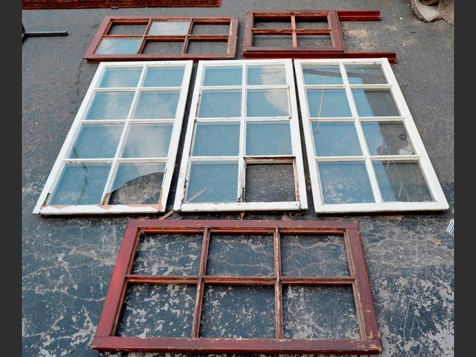 LOT: WOODEN WINDOW FRAMES, 118 x 56cm & 94 x 5cm