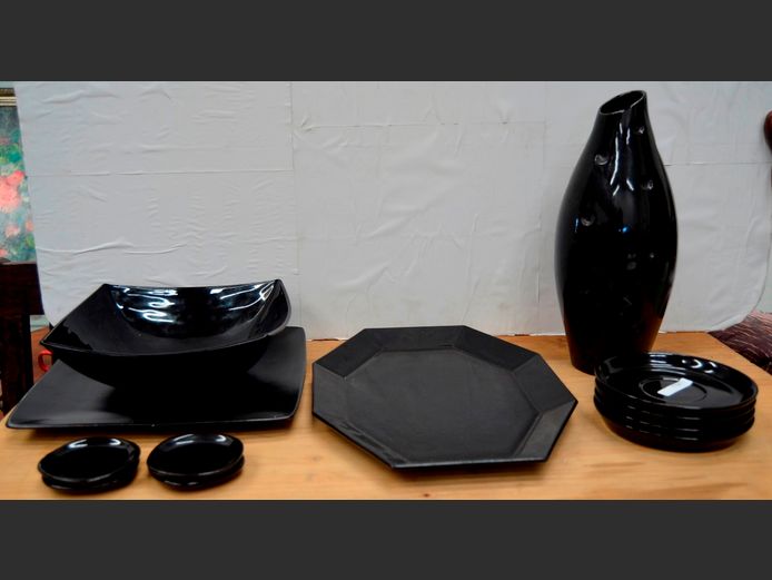 BLACK PORCELAIN VASE, BOWL, PLATTER, etc [12-Pieces]
