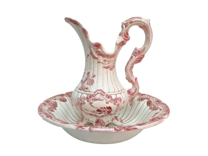 Vintage Pink Transferware Ceramic Pitcher and Wash Basin Set