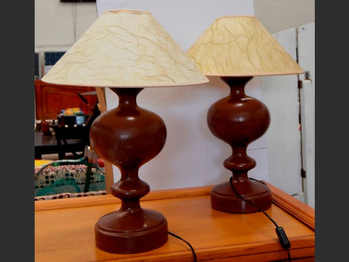 PAIR BROWN TABLE LAMPS, 62cm High