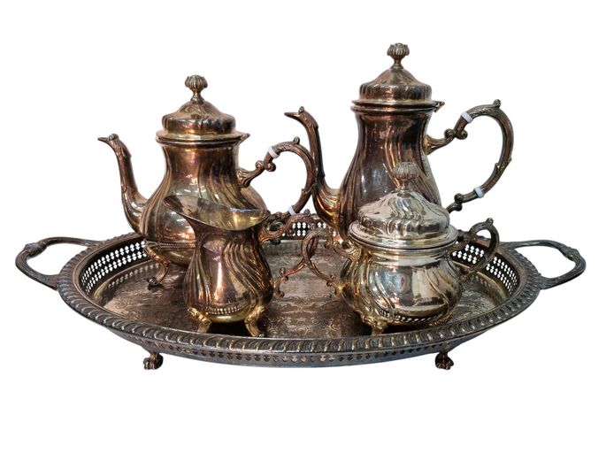 Vintage Silver-Plated 5-Piece Coffee & Tea Service with Footed Tray